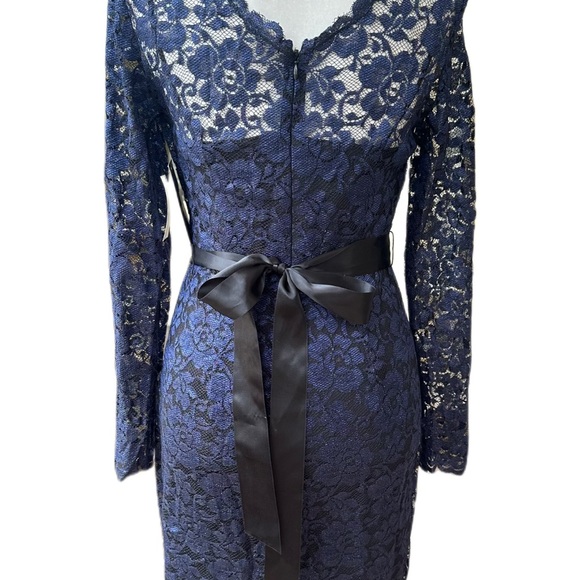 NWT Adriana Papell Navy Lace Overlay Jeweled Belted Formal Dress Gown Size 6 - Picture 11 of 13